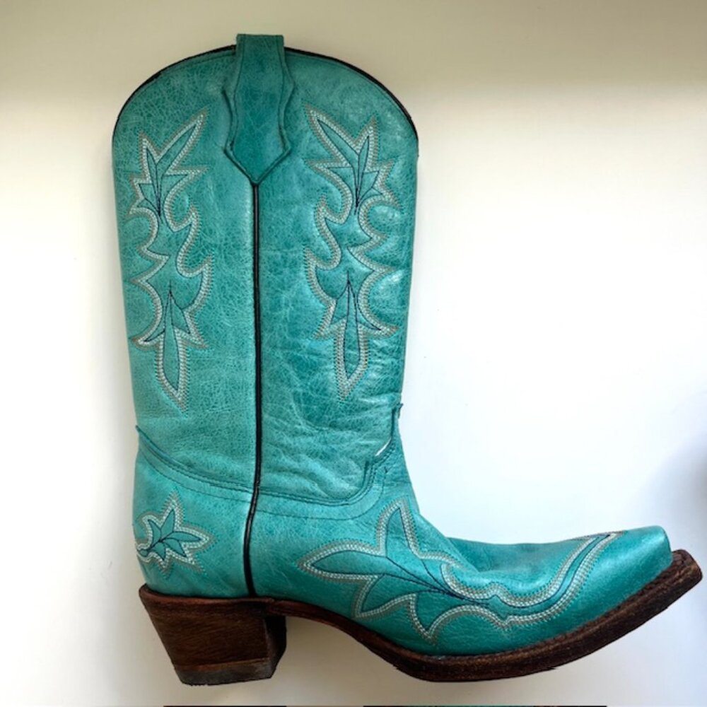 Corral Hand-crafted Embroidered Leather Cowboy Boots in Teal | Women's Size 6 - Picture 3 of 10